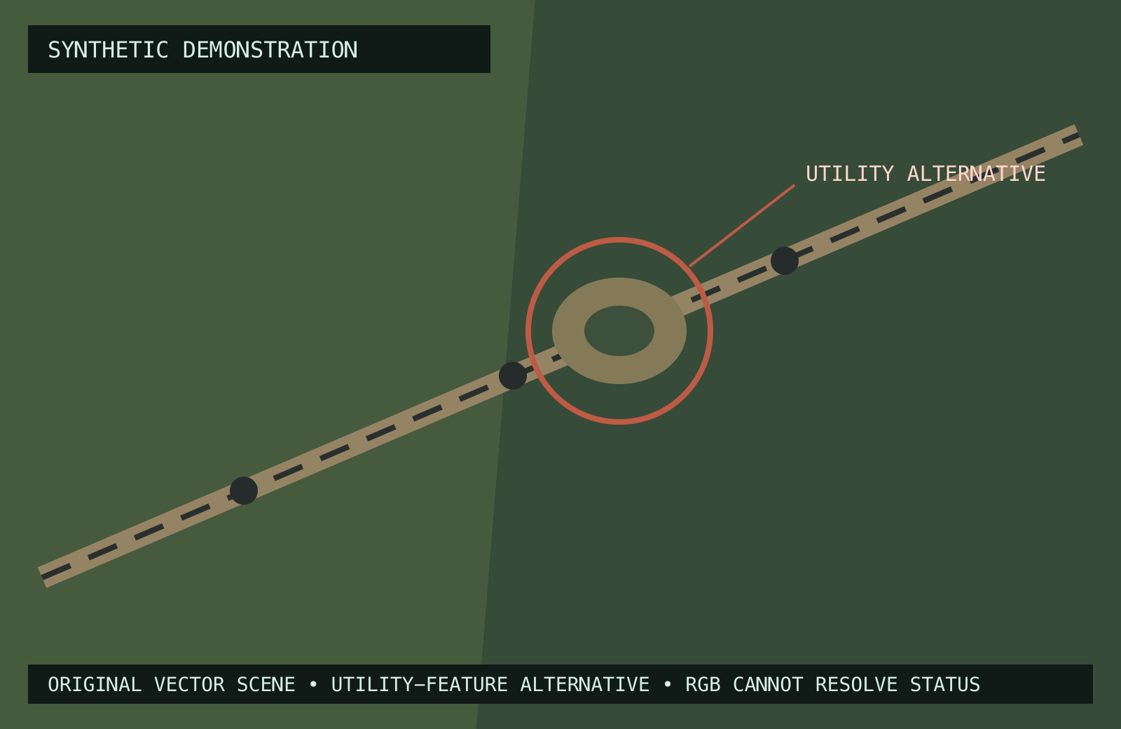 Synthetic aerial-style illustration with a circular cue intersected by a utility line.