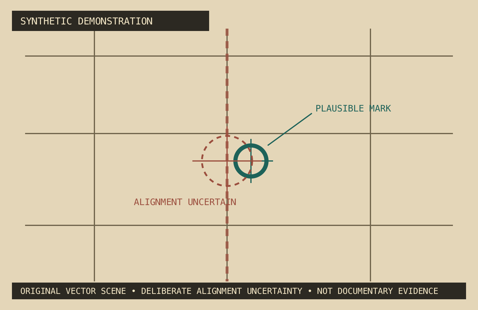 Synthetic historical-style map with an offset circular annotation.