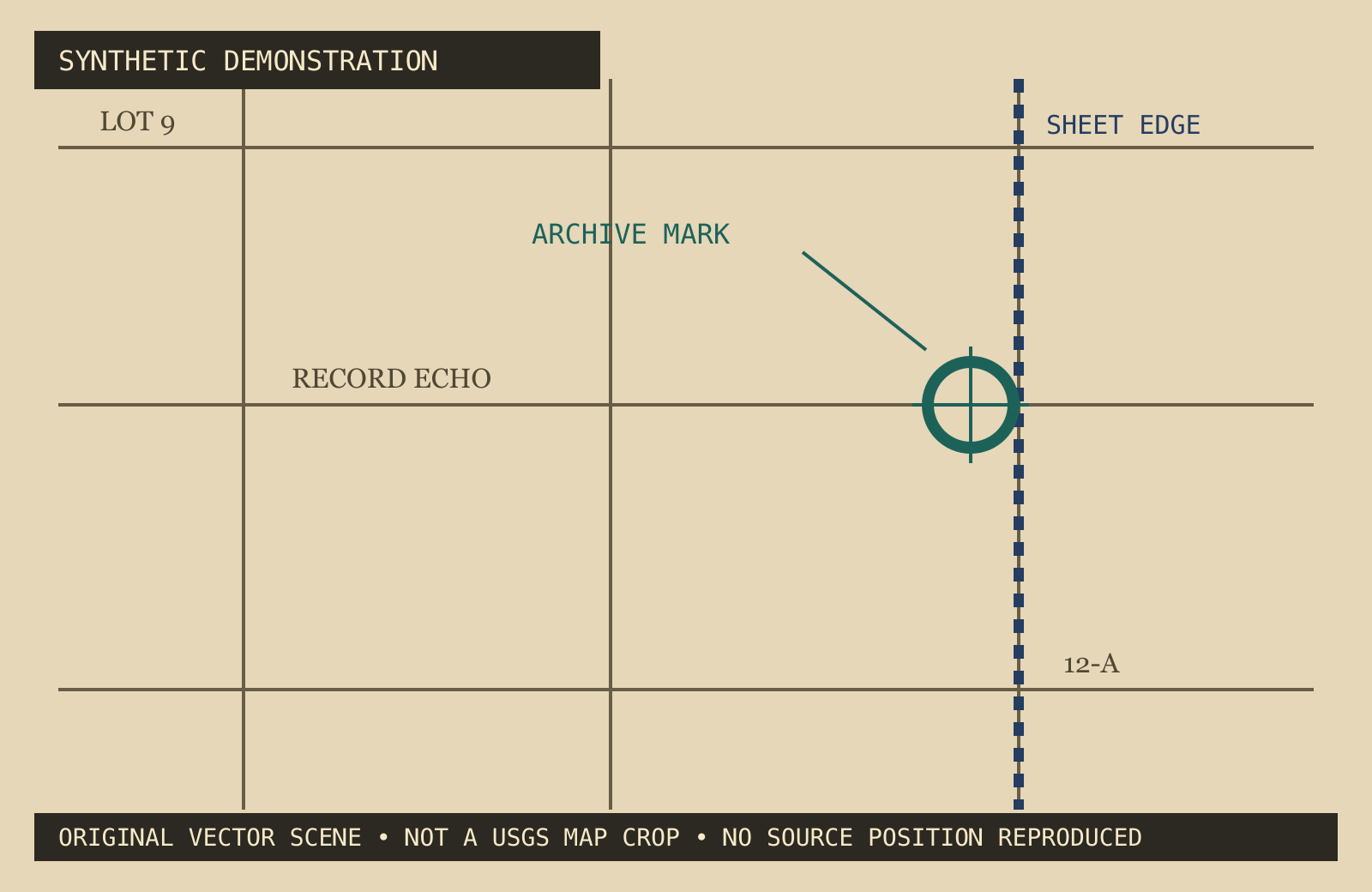 Synthetic historical-style map with an archive symbol near a parcel edge.