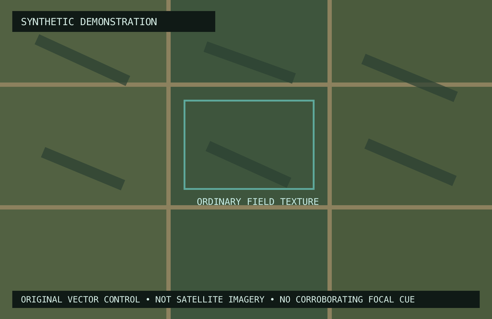 Synthetic aerial-style control illustration with ordinary field boundaries.