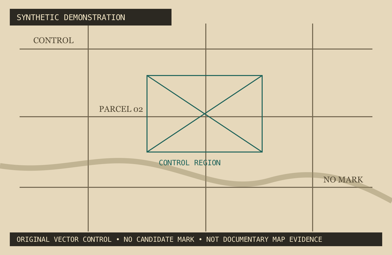 Synthetic historical-style control map containing parcel lines and no well symbol.