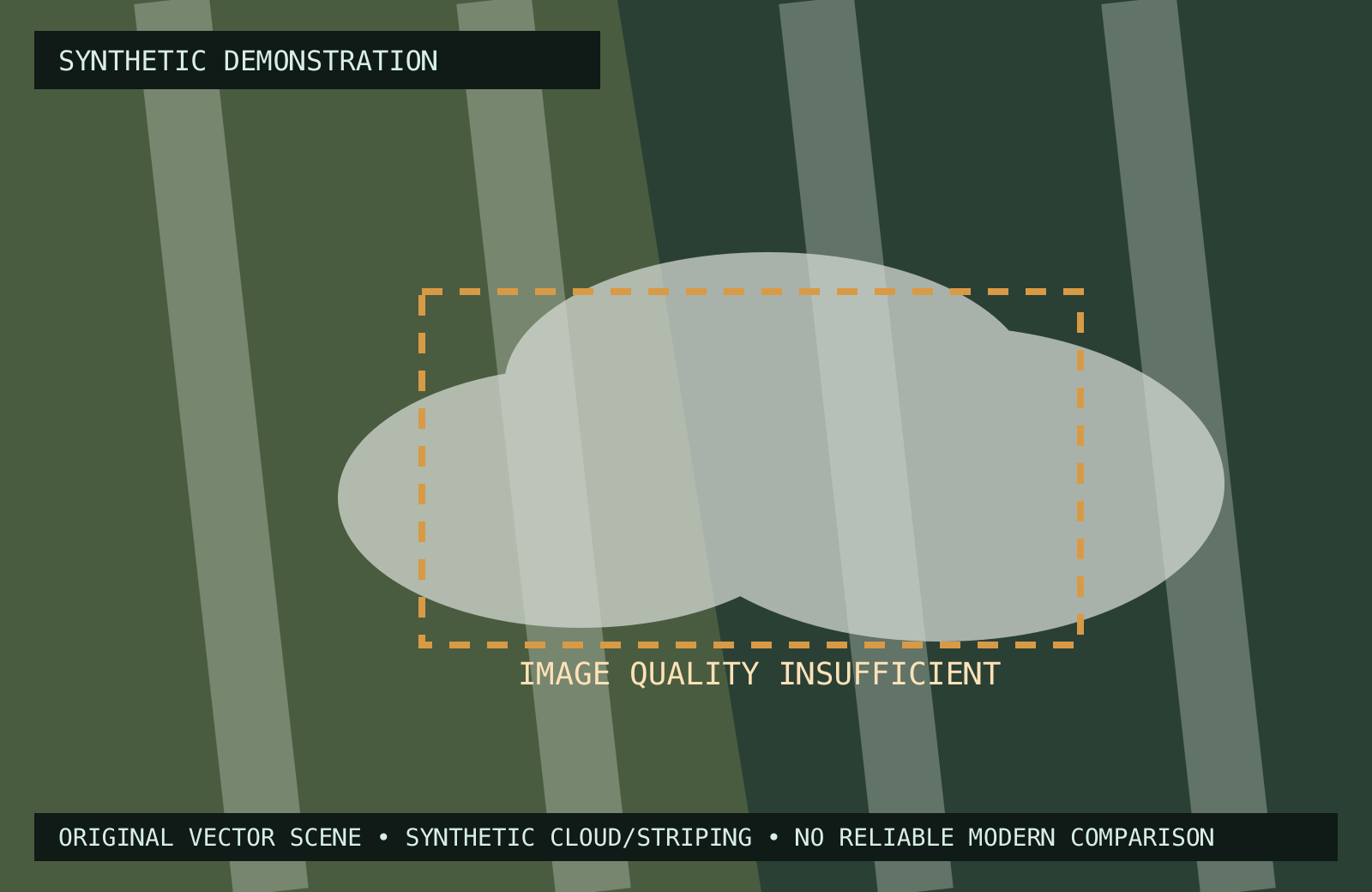 Synthetic aerial-style illustration obscured by cloud and striping artifacts.