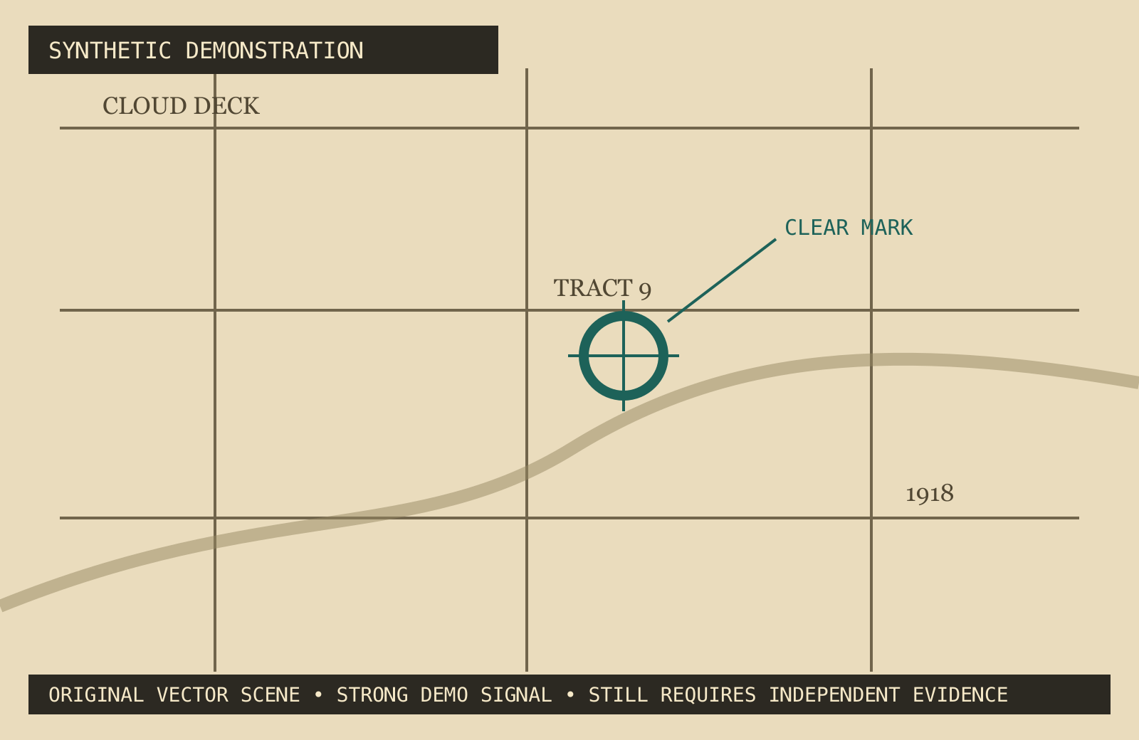 Synthetic historical-style map with a clear circular archive mark.