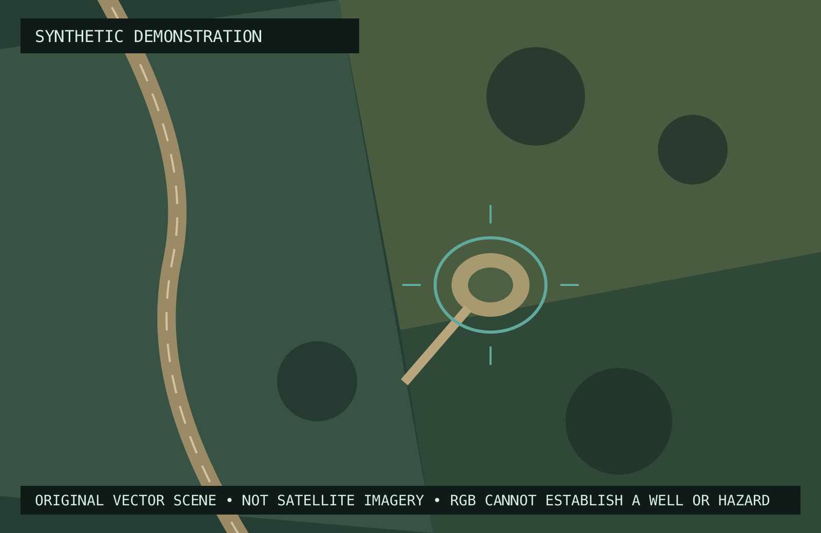 Synthetic aerial-style illustration with a small circular clearing.