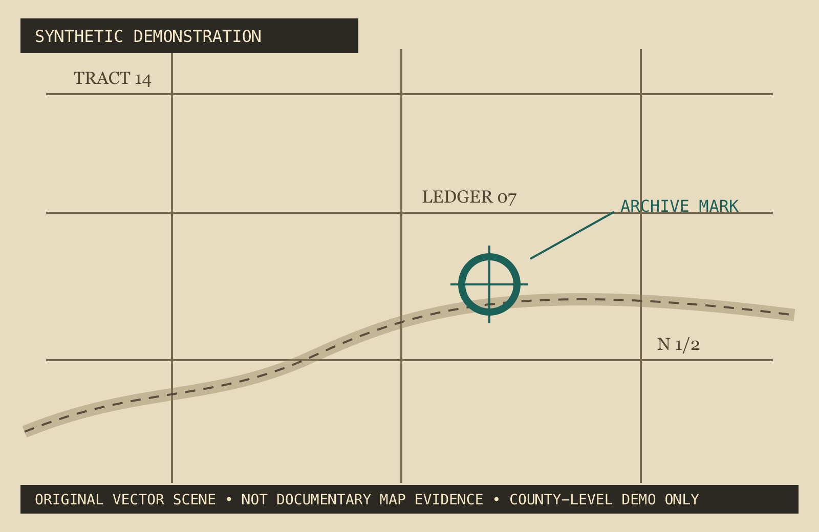 Synthetic sepia parcel map with a prominent circular archive mark.