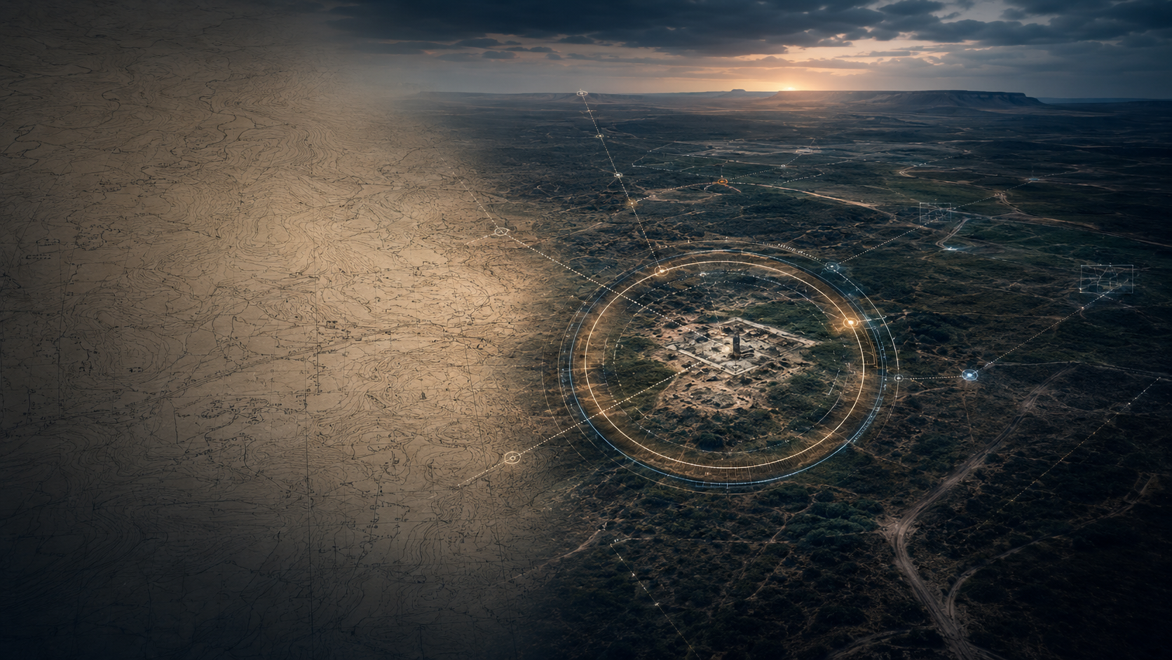 Conceptual map-to-aerial illustration with a highlighted evidence-review ring; not site evidence.